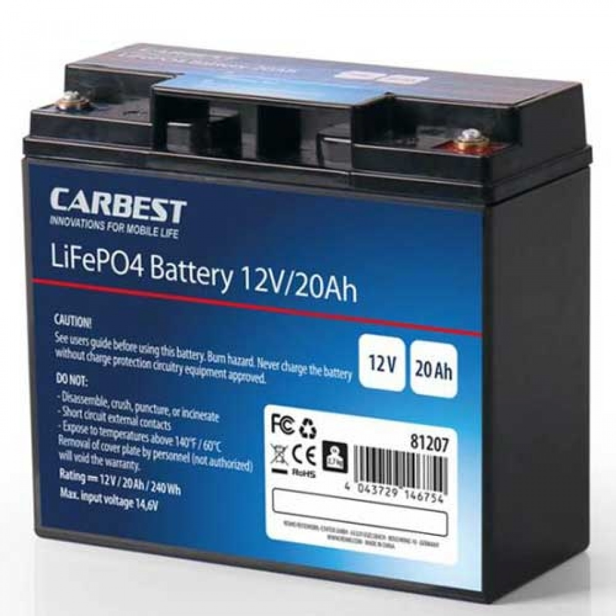 Carbest Lithiumbatteri 20Ah (LiFePO4) i gruppen Husvagn & Husbil / Elektronik / Batterier & Omvandlare / Batterier hos Campingvaruhuset i Norden AB (68602)