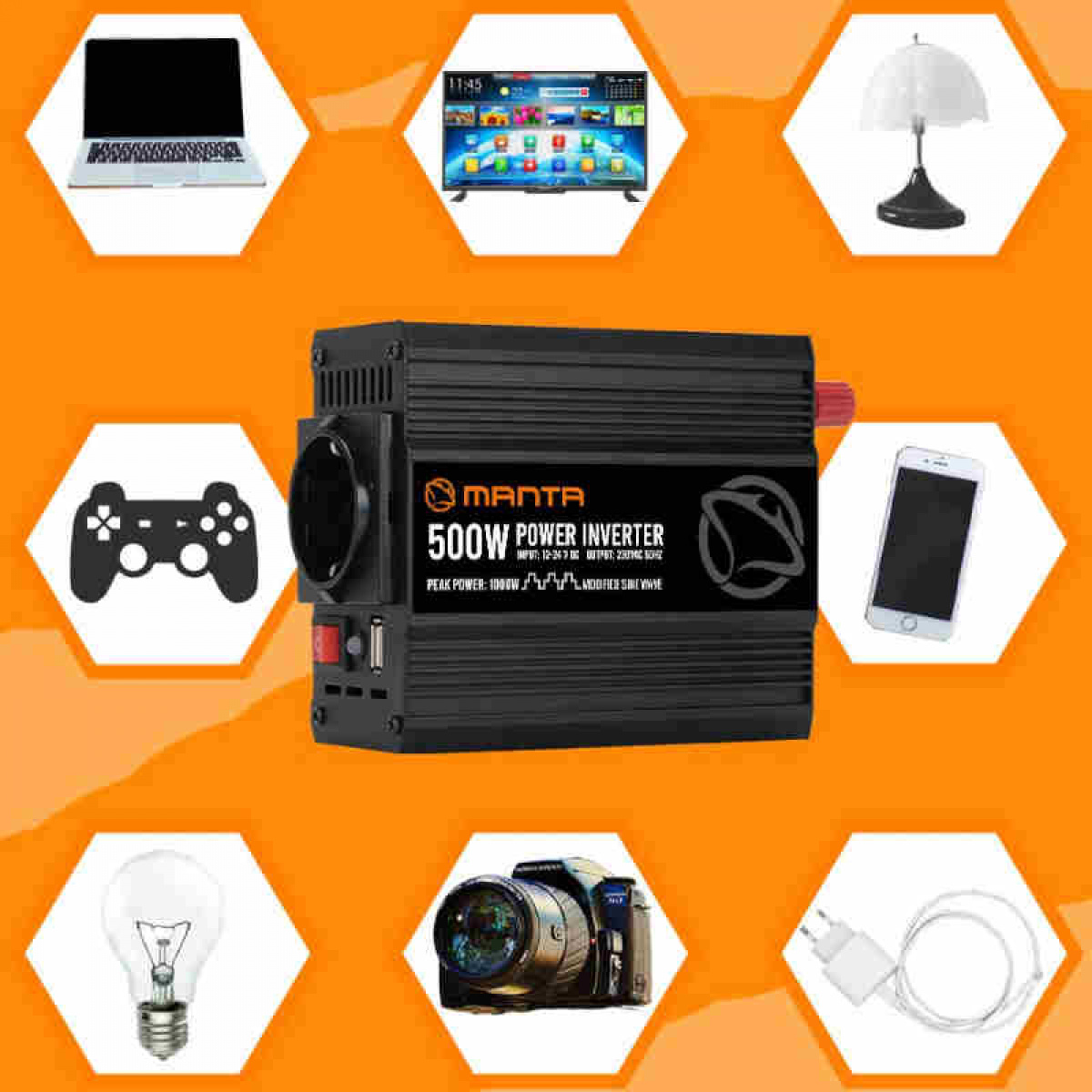 Manta Inverter 500w i gruppen Husvagn & Husbil / Elektronik / Batterier & Omvandlare / Inverter & Omformare / Omvandlare 12V Till 230V hos Campingvaruhuset i Norden AB (84287)